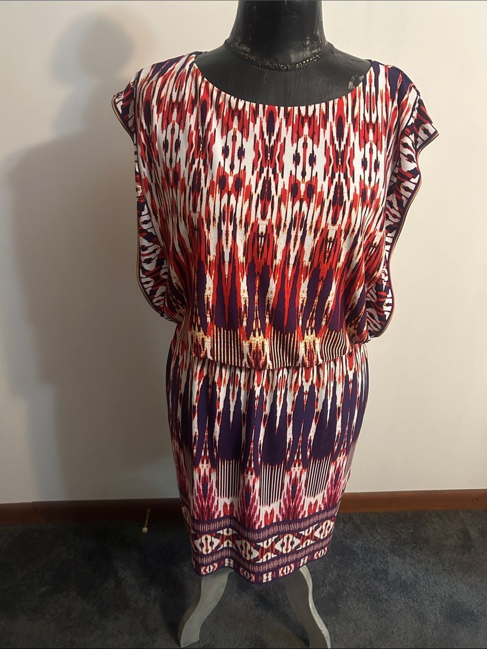 Chico's Ikat Print Flutter Sleeve Dress in Red, Purple & White